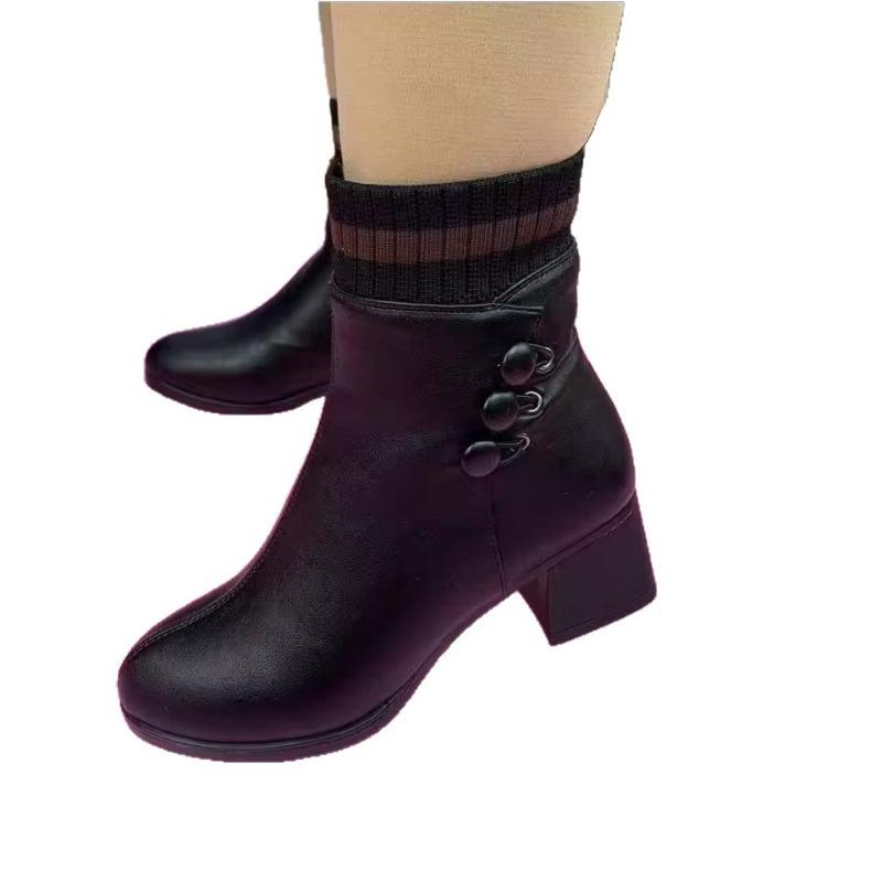 Winter New Real Soft Leather Slope Sole Velvet Shoes Rubber Non-slip Wear-resistant Soft-soled Women's Boots