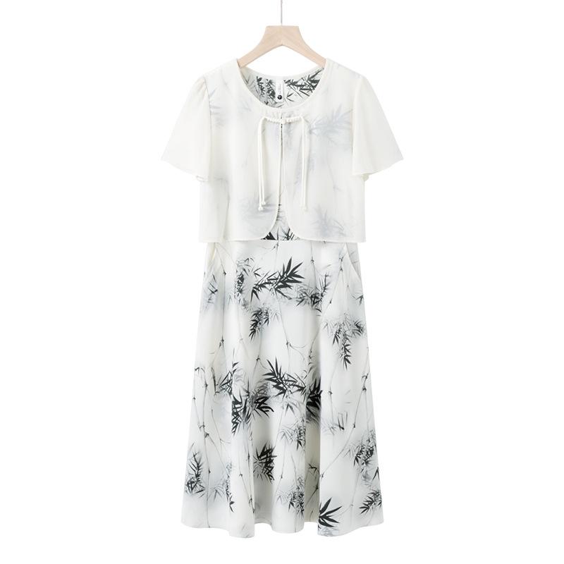 Elegant Summer Chiffon Skirt Set: Short-Sleeve Dress for Mature Women