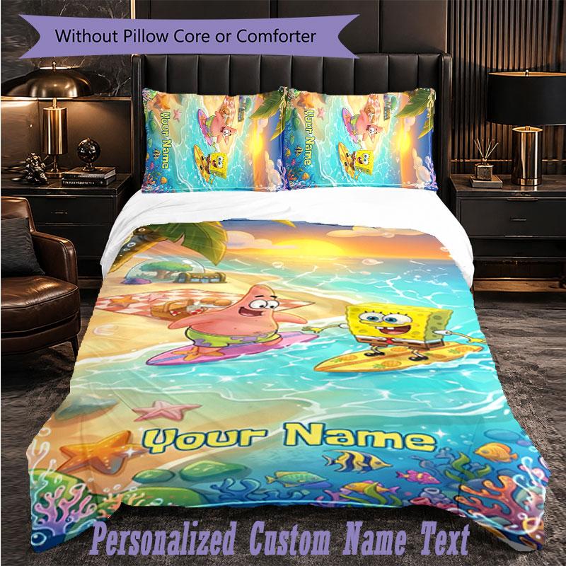 Personalized 3Pcs Bedding SetSpongeBob Custom Text Duvet Cover Pillowcase Set Bedroom Gift