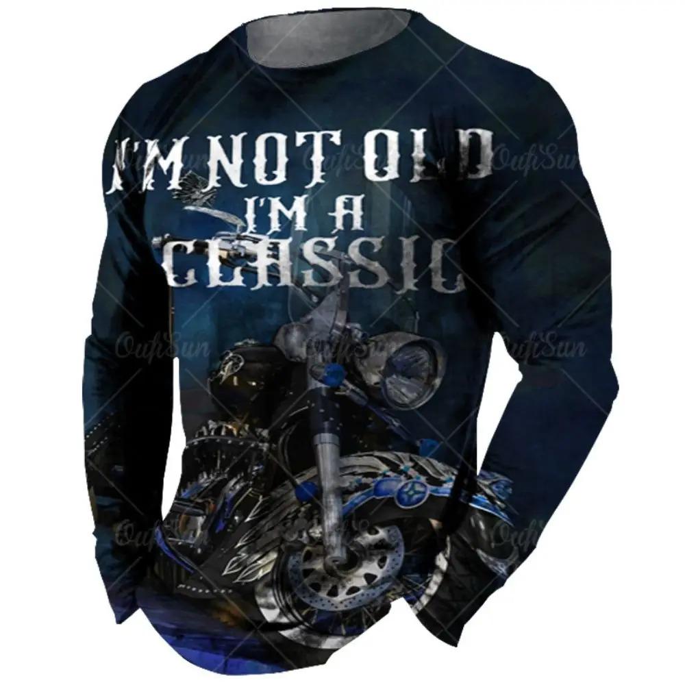 Fashionable Retro 3D Motorcycle Printed Pattern Men's Round Neck Long Sleeved T-shirt