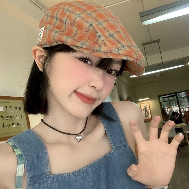 Japanese Retro Plaid Forward Hat for Women's Spring and Summer British Style Beret