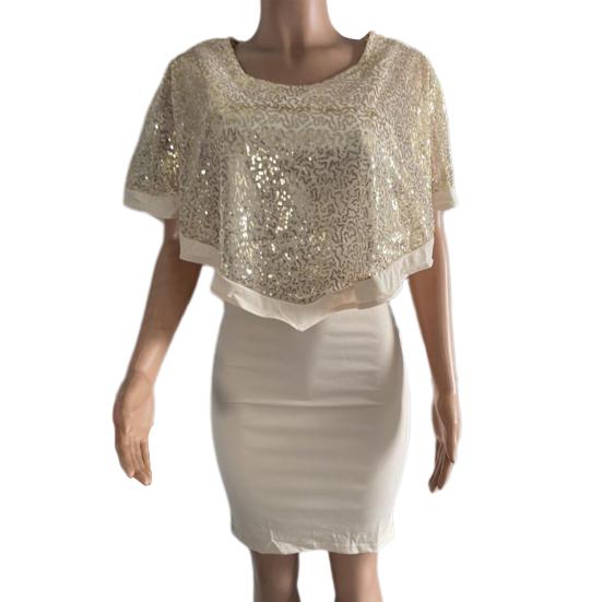 Women Dress Shawl Patchwork Sequin Sheath Solid Color Round Neck Slim Fit