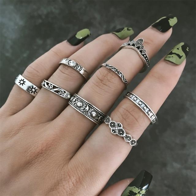 Anillo Geométrico Hueco Articulado Metálico Gótico 17KM para Mujer Anillo de Dedo con Forma de Sol y Hoja Plateado Vintage Accesorios de Joyería de Tendencia