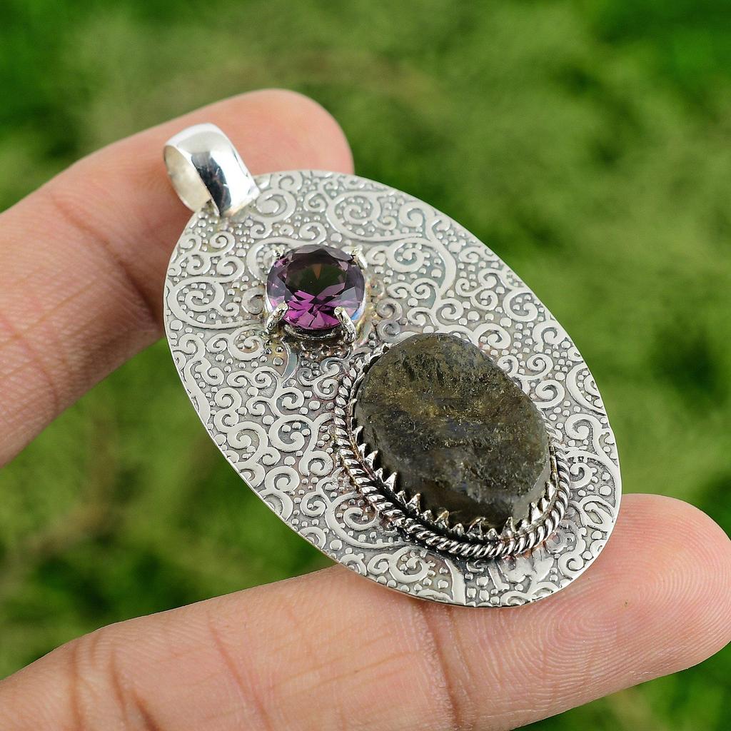 Daughters Day Sale Labradorite Rough Stone African Amethyst Pendant 925 Silver
