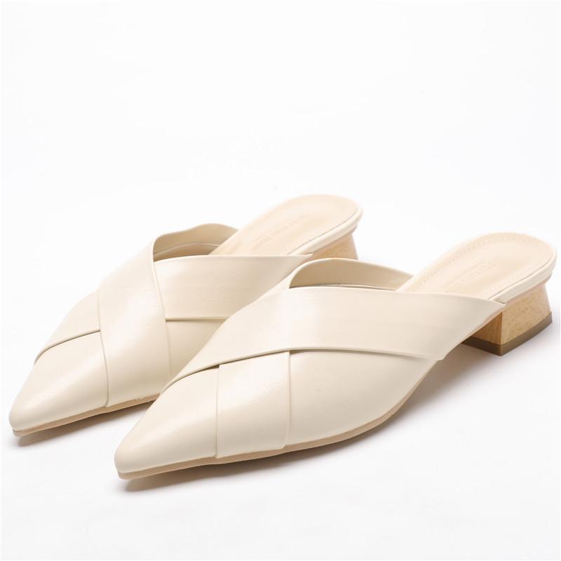 Women Female Fashion Casual Crossed Knit Pointed Toe Half Slides Med Chunky Heels Woman Slippers Scuff Mules Shoes 869