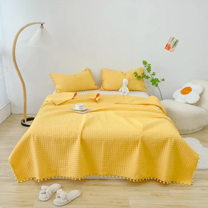 INS Style White Ball Edge Quilted Quilt Blanket Bedspread Washed Solid Color Korean Princess Style Summer Thin Quilt