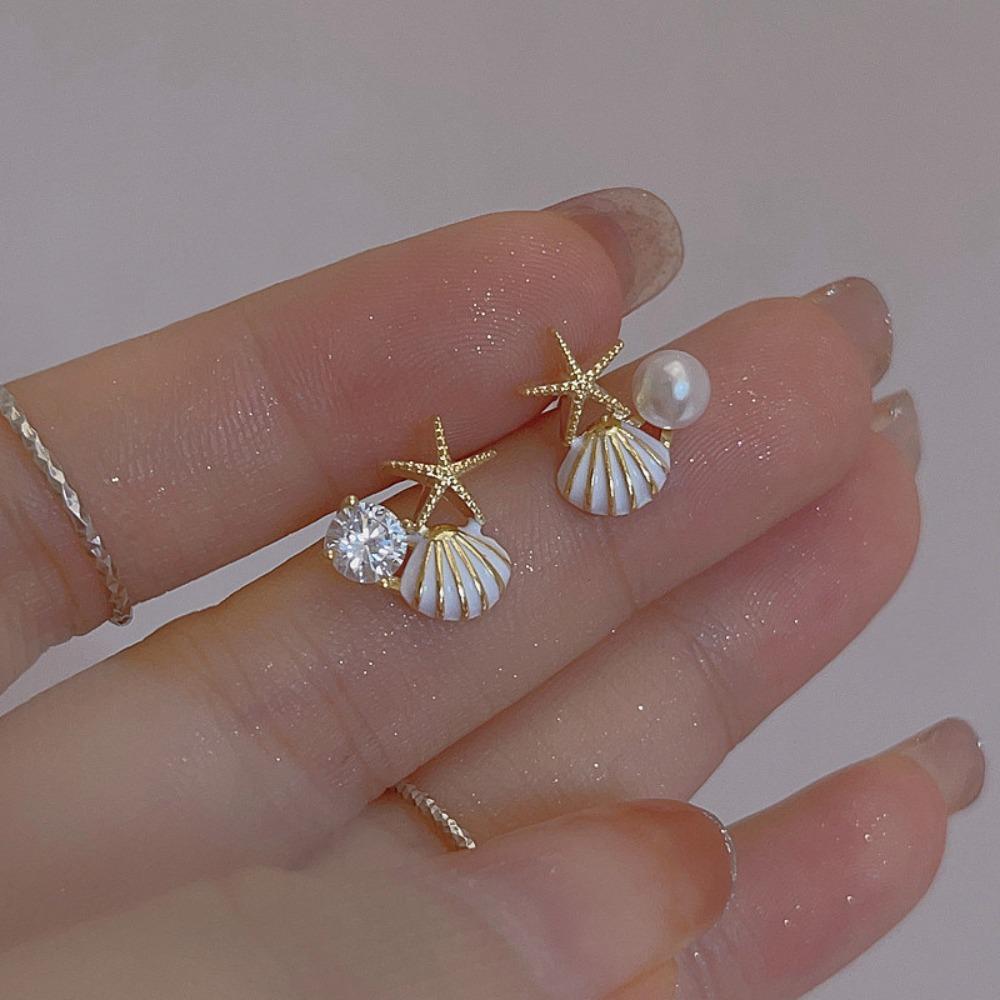 New Cute Personality Starfish Shells Pearls Zircon Stud Earrings for Women Summer Beach Korea Exquisite Jewelry Accessories Gift