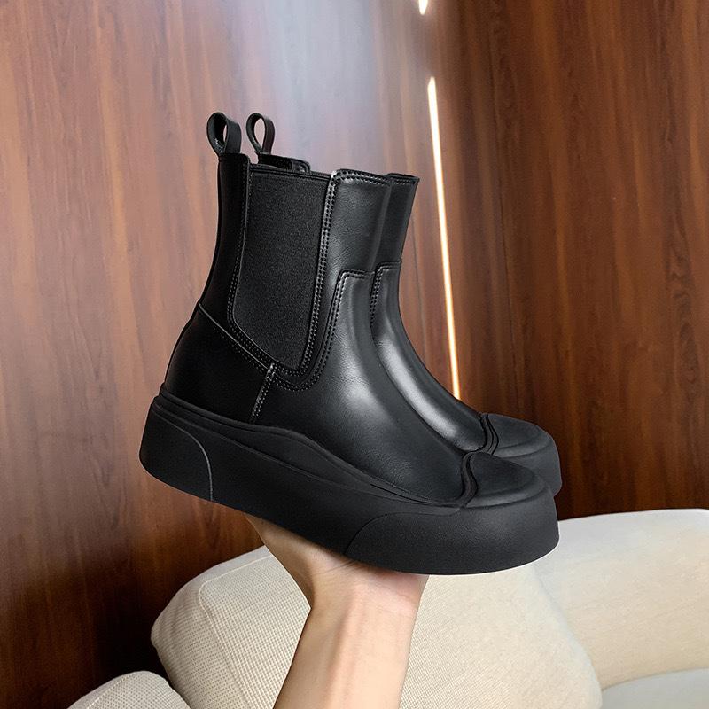 Verze ovčí kůže~ vnitřní zvýšení výšky 7 cm tenké kozačky krátké kozačky dámské kožené na silné podrážce Chelsea kozačky muffin Martin kozačky kotníkové kozačky