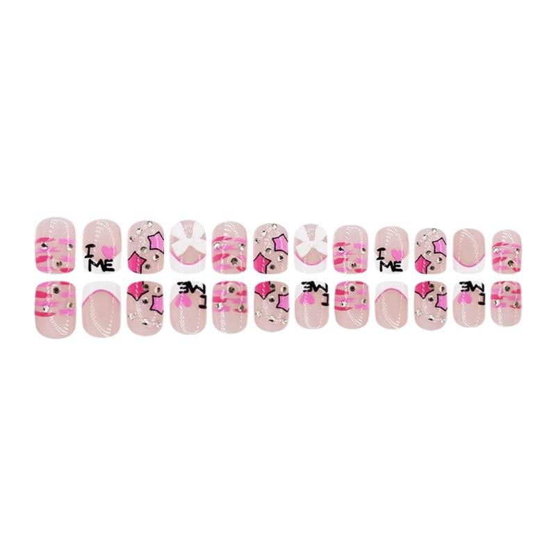 24 Pcs Valentines Day Press On Nail Short Square False Nail 3D Bows Stick On Nail French Tip Artificial Nail
