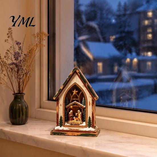 Christmas Tree Wooden Figurines Tabletop Decor with Warm LED Lights, 2D Printed Snow Village Scene Vintage Wood Displays Santa Reindeer Nutcracker