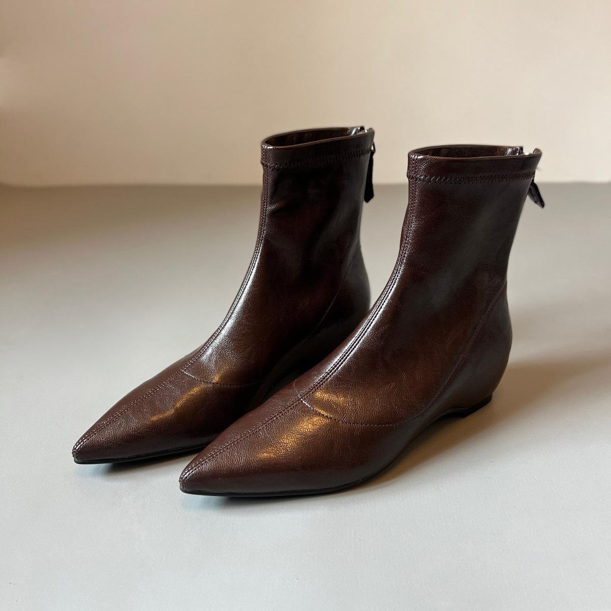 

Inner Height Growing Skinny Boots Pointed Soft Leather Elastic Boots Rear Zipper Wedge Heel Boots New 38 коричневий