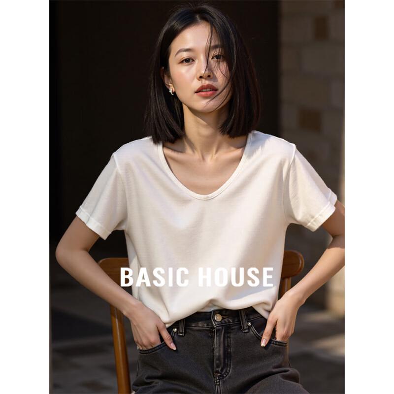 Basic House Women s Tencel V-Neck Short Sleeve Loose T-Shirt M