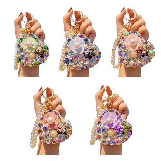 Folding Mirror Keychain Ladies Double-Sided Make-up Mirror with Faux Pearl Chain Rhinestone Mirror Pendant for Travel Touch-ups Bag Accessory