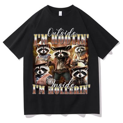 Inside Im Hollerin Raccoon Funny Meme T Shirts Unisexs Women Crewneck Cotton Tshirt Gothic Graphics Summer Short Sleeve Teenagers