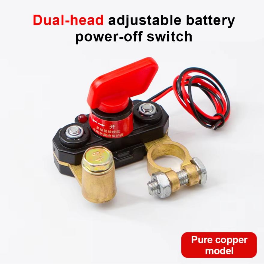 Full Copper Car Battery Disconnect Switch with LED Indicate Light 12-24V Bidirectional Rotating Power Cut Off, Universal Side Post
