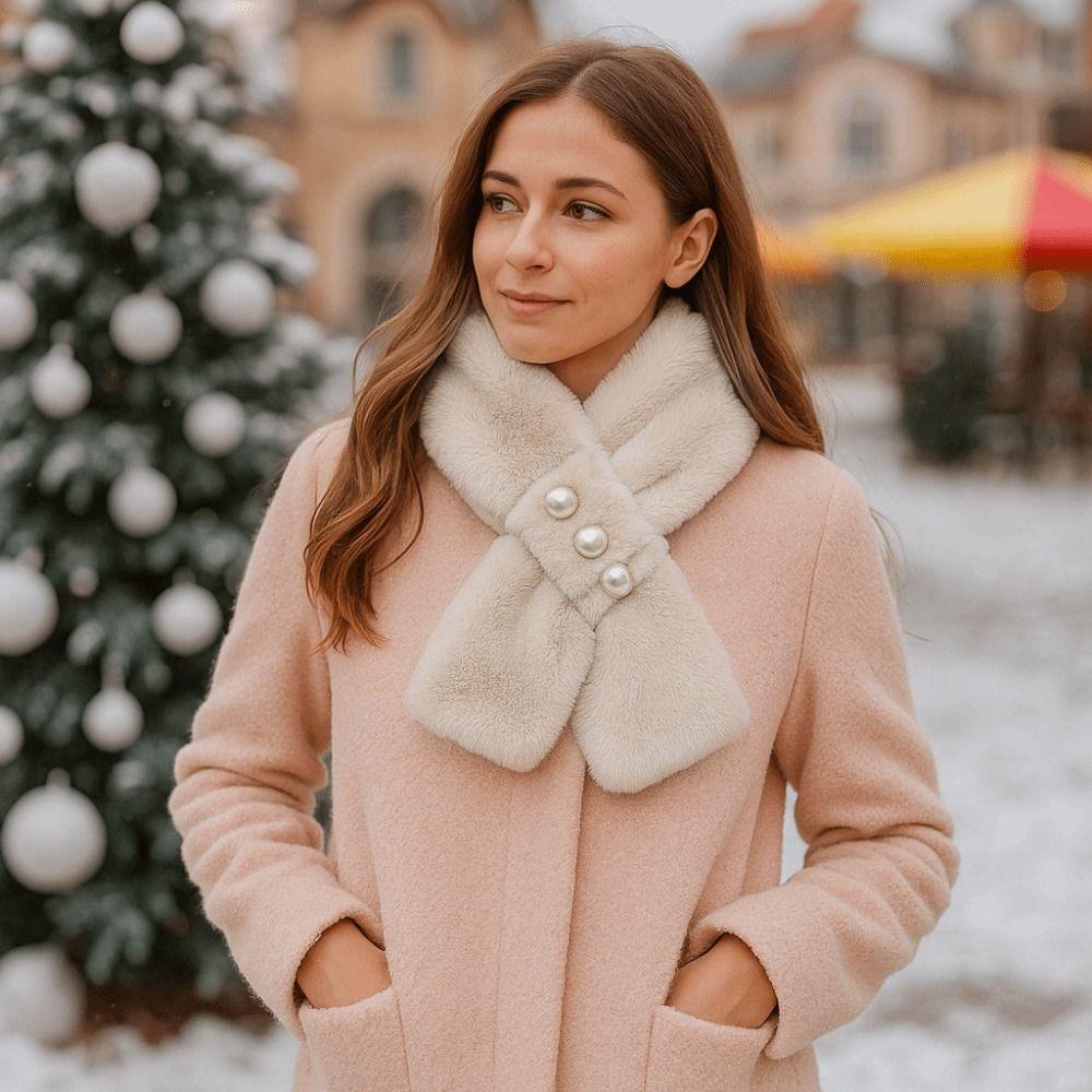 Elegant Solid Color Plush Cross Scarf Imitation Pearl Winter Warmer Neck Scarf Comfortable Neck Warmer Evening