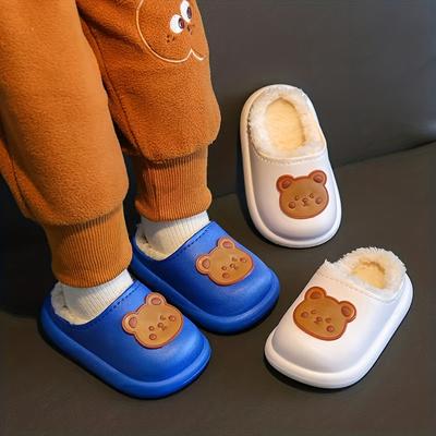 Cute Cartoon Bear Plus Fleece House Shoes For Girls, Comfortable Non Slip Soft Bottom Walking Shoes For Indoor, Autumn And Winter