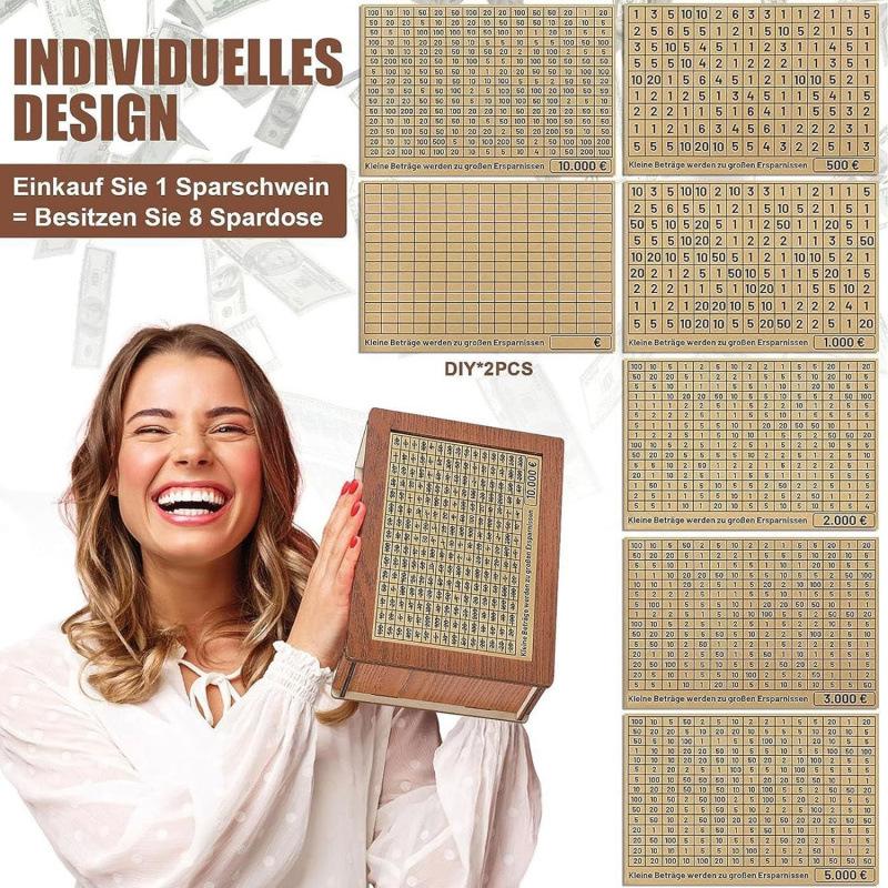 Creative Wooden DIY Piggy Bank with Money Saving Challenge Stickers