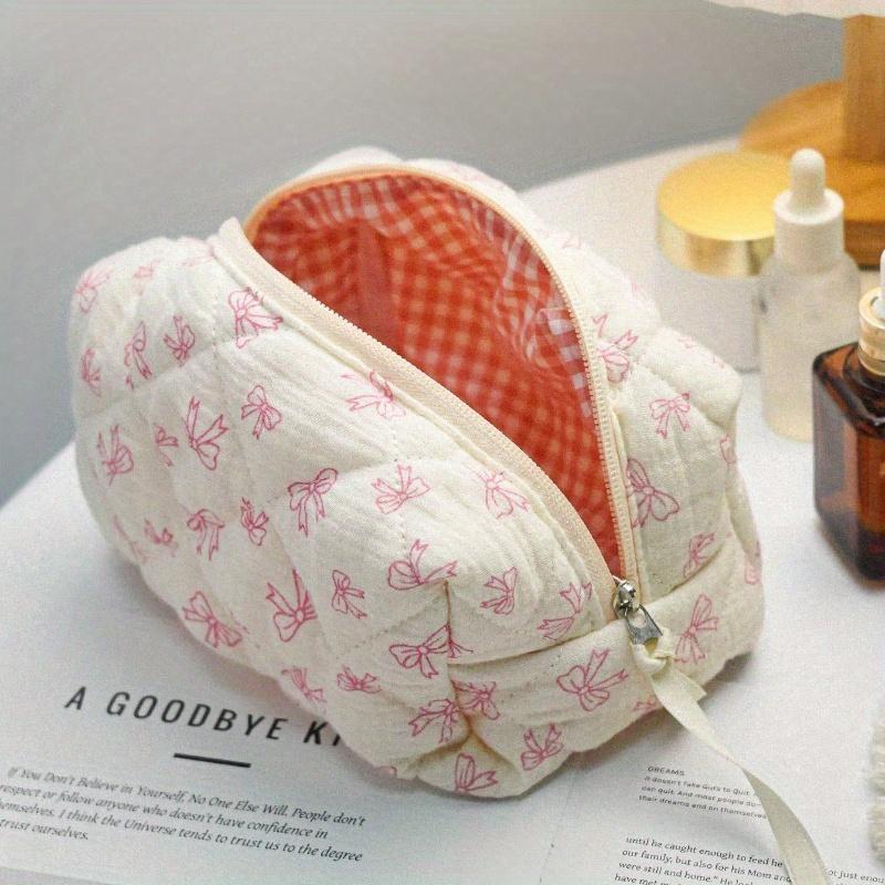 Cute Bow Make Up Bag Cute Bow Knot Pattern Toiletries Bag Travel Make Organizer Zipper Pouch, Quilted Cosmetics Bag, Stylish Foldable Commuter