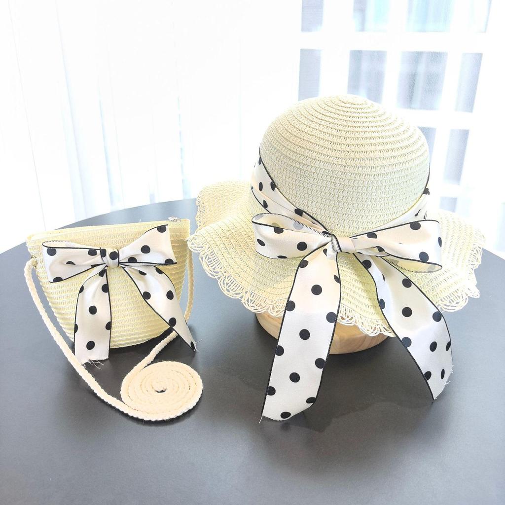 Girls' Korean Style Straw Beach Sun Hat with Sunscreen and Matching Bag