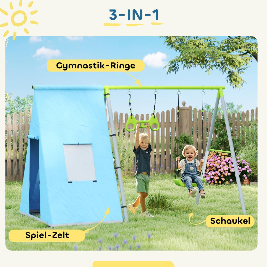 3-in-1 Swing Set, Play Tent, Swing, Gymnastic Rings, Metal, Plastic, Green