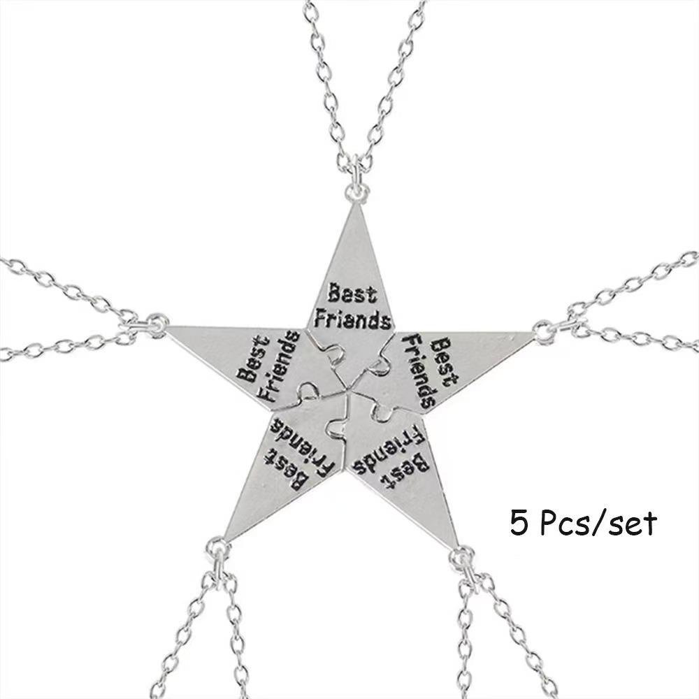 5pcs Set Simple Five People Splicing Best Friends Letter Five-pointed Star Pendant Necklace for Women Men Birthday Jewelry Gifts
