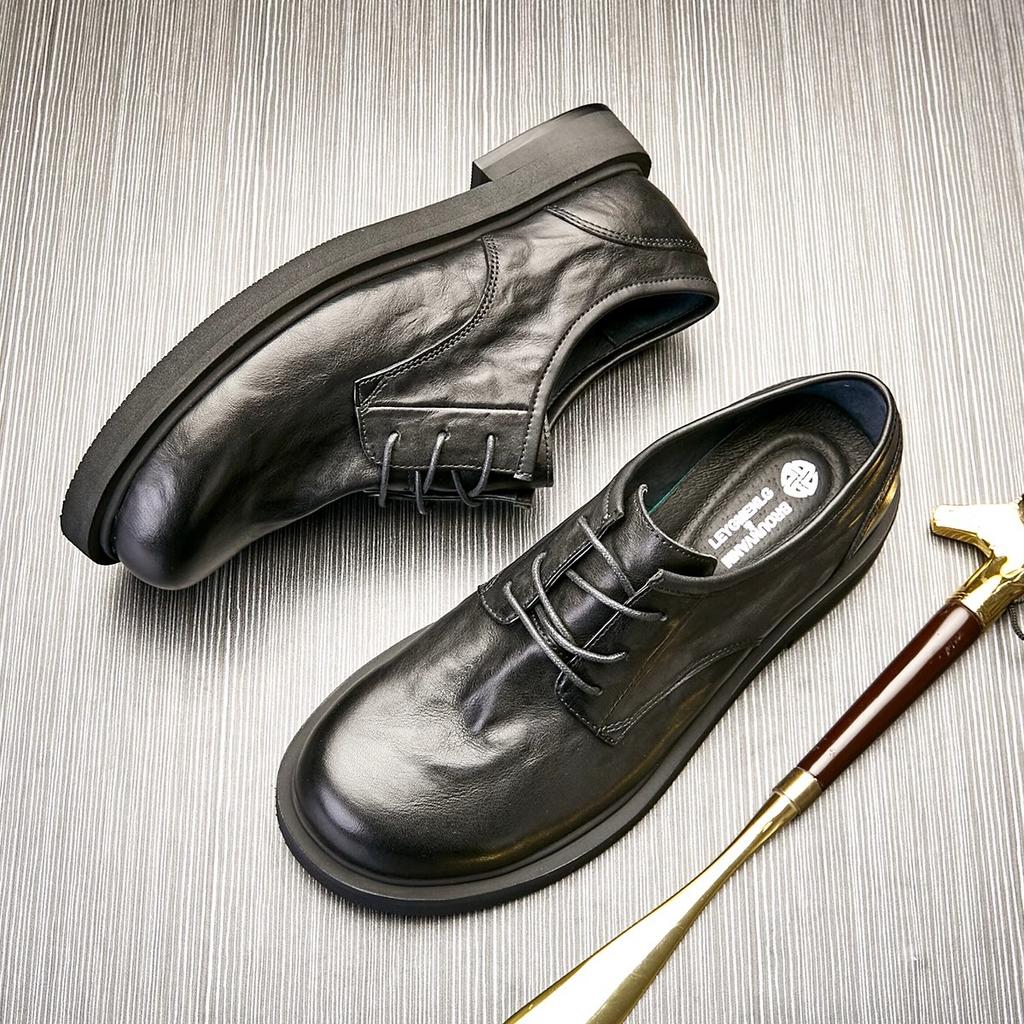 Lederschuhe Herren Trend Britische Low-Top Freizeitschuhe Business Runde Zehe Vielseitige Schwarze Mode Lederschuhe Weichsohlige Herrenschuhe