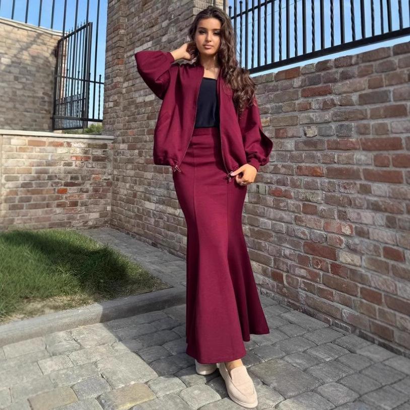 2024 Autumn Casual Solid Color Slim Fit Sweatshirt & Fishtail Skirt Two-Piece Set