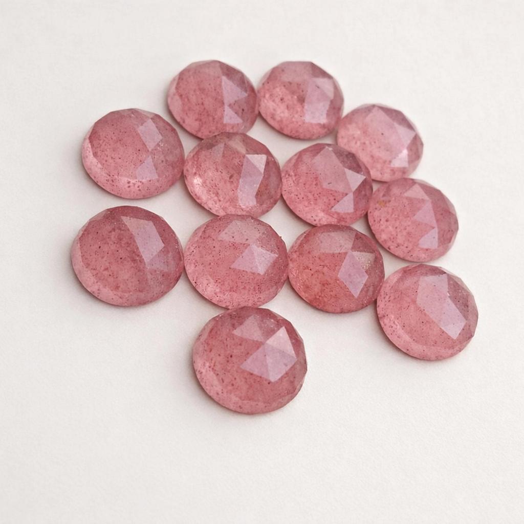 Pink Strawberry Quartz Rose Cut Cabochons – Natural Pink Gemstone Round Faceted Cabs, Jewelry Making Stone