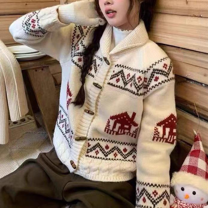 Korean Style Knit Horn-Button Jacquard Sweater Coat - Women's Retro Loose Cardigan for Autumn/Winter
