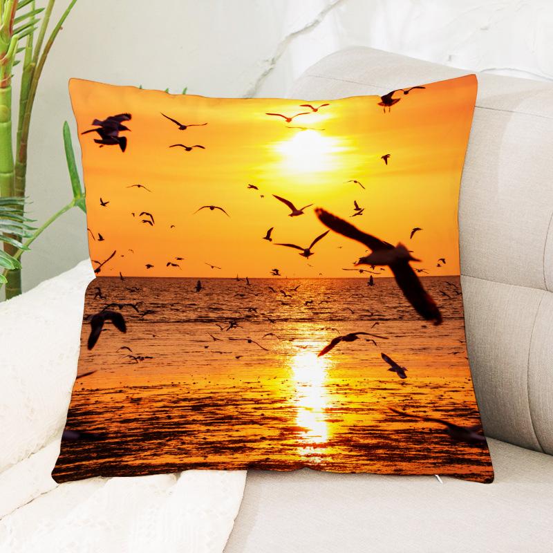 Seagull Beach Sunset Scenery Print Pattern Cushion Cover Home Living Room Sofa Decoration Waist Cushion Pillow Pillow Cover