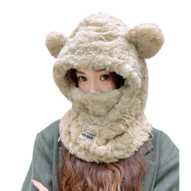 Niedliche verdickte Plüschbärmütze, Schal, Maske, integrierte Wintermütze, warm, kalt, Radfahren, Ohr, Flut