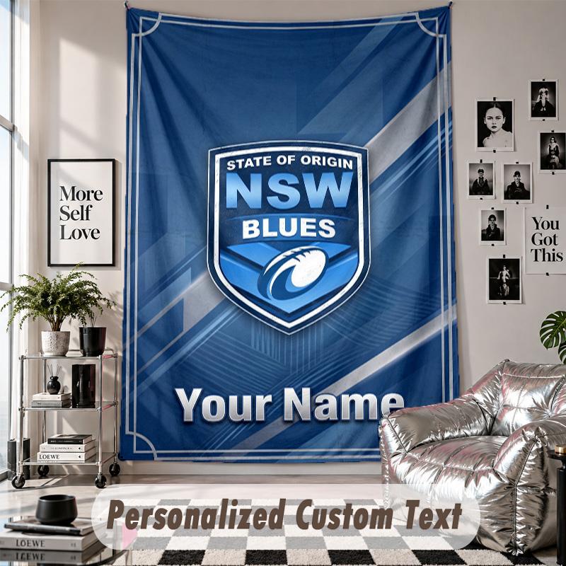 Wall Hanging Tapestry With Custom Name & Text, NSW Blues Logo Decorative Tapestry For Bedroom