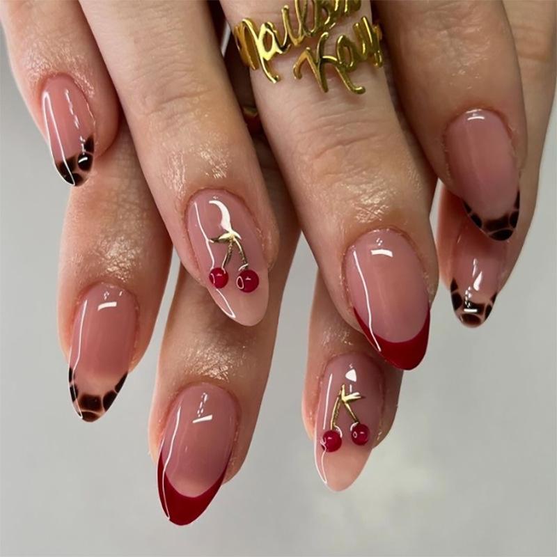 3D Cherry Red Short Almond Wearable Nail Pieces - French-Style Nail Art
