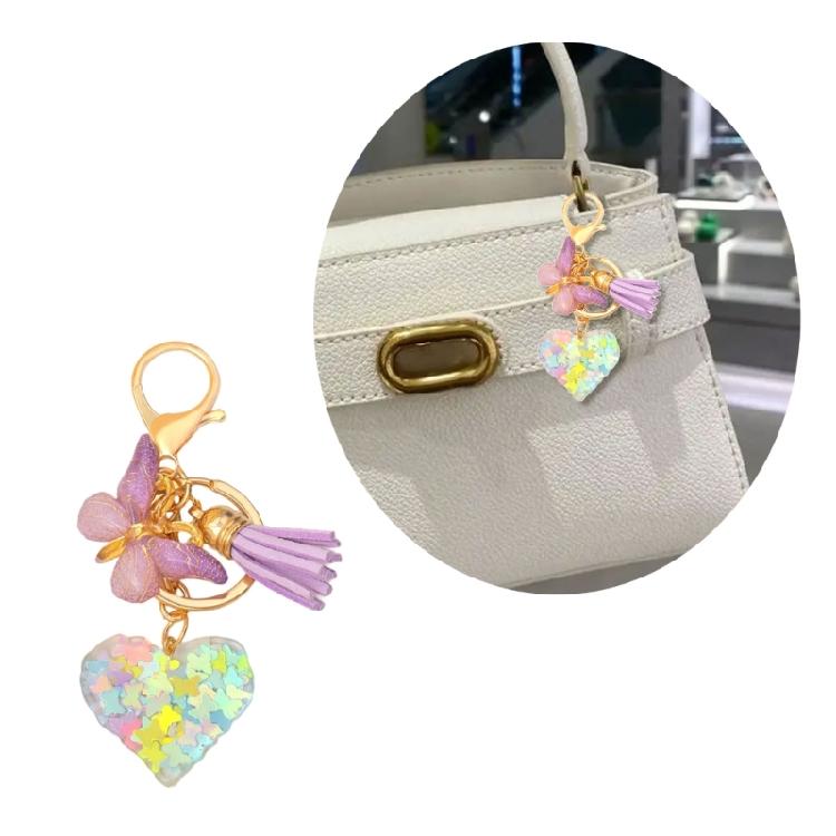 Sequins Filled Resin Heart Keyring Creative Car Key Chain Butterfly Keychain Bag Charm Keychain Hanging Ornament