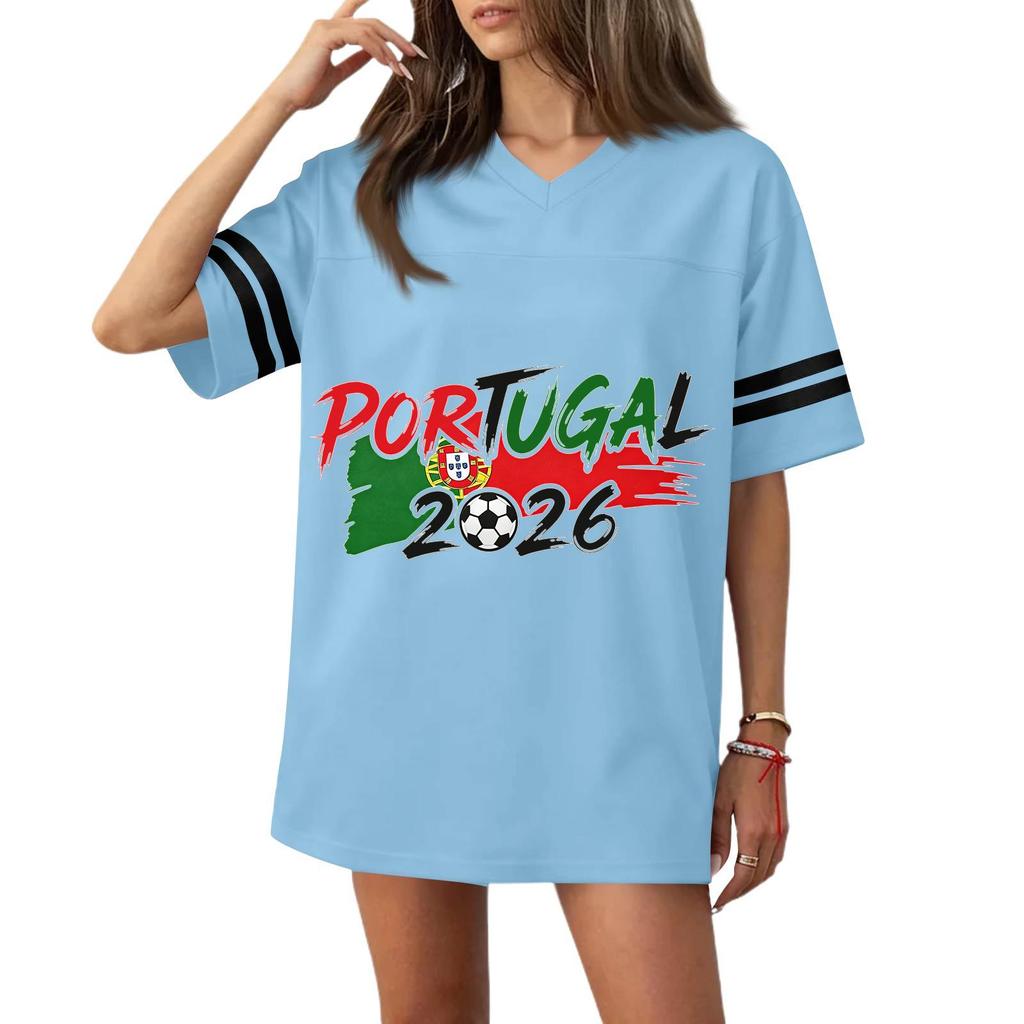 Damen Freizeit V-Ausschnitt Fußballtrikot-Stil Kurzarm T-Shirt mit Flaggen- und Fußball-Print für Sport und Freizeit