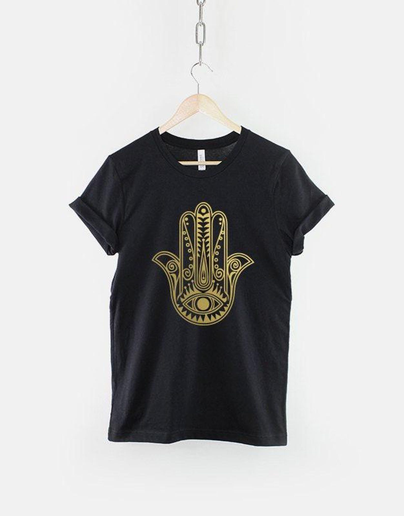 Hamsa Hand Shirt, Spiritual Yoga T-Shirt, Boho Spiritual Graphic Tee, Meditation Yoga Top, Gold Hamsa Shirt 4XL
