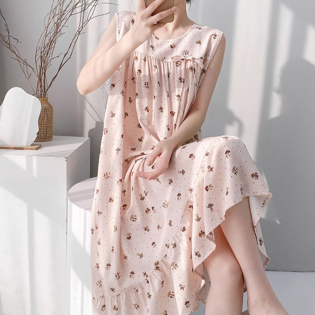 Korean version of small fresh cotton and silk nightgown women's summer lotus leaf edge can be worn outside cotton and silk loungewear sweet vest skirt