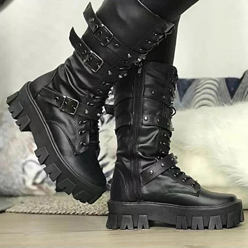 Fashion Punk Women Boots Zipper Motorcycle Boots Mid-Calf Boot 2025 Autumn Winter Women Biker Boots Platform Heel Ladies Shoes New Botas