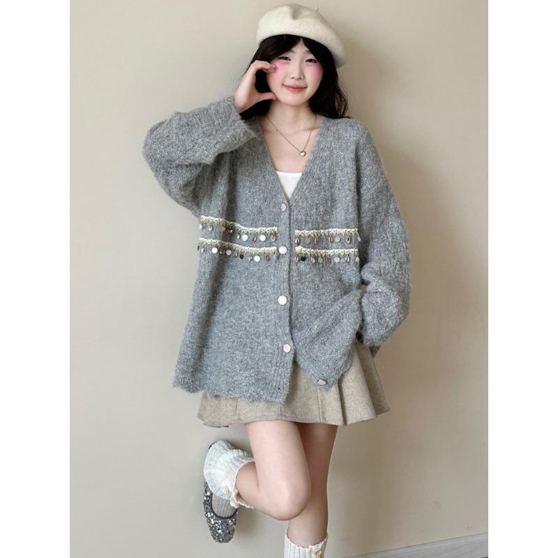 

Осень и зима новый дизайн с пайетками вязаный кардиган свободный милый нежный свитер куртка женская one size fits all серый