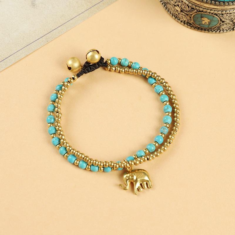 Handwoven Elephant Bracelet Tibetan Exotic Bohemian Double Beaded Bells Vintage Hand Rope Female