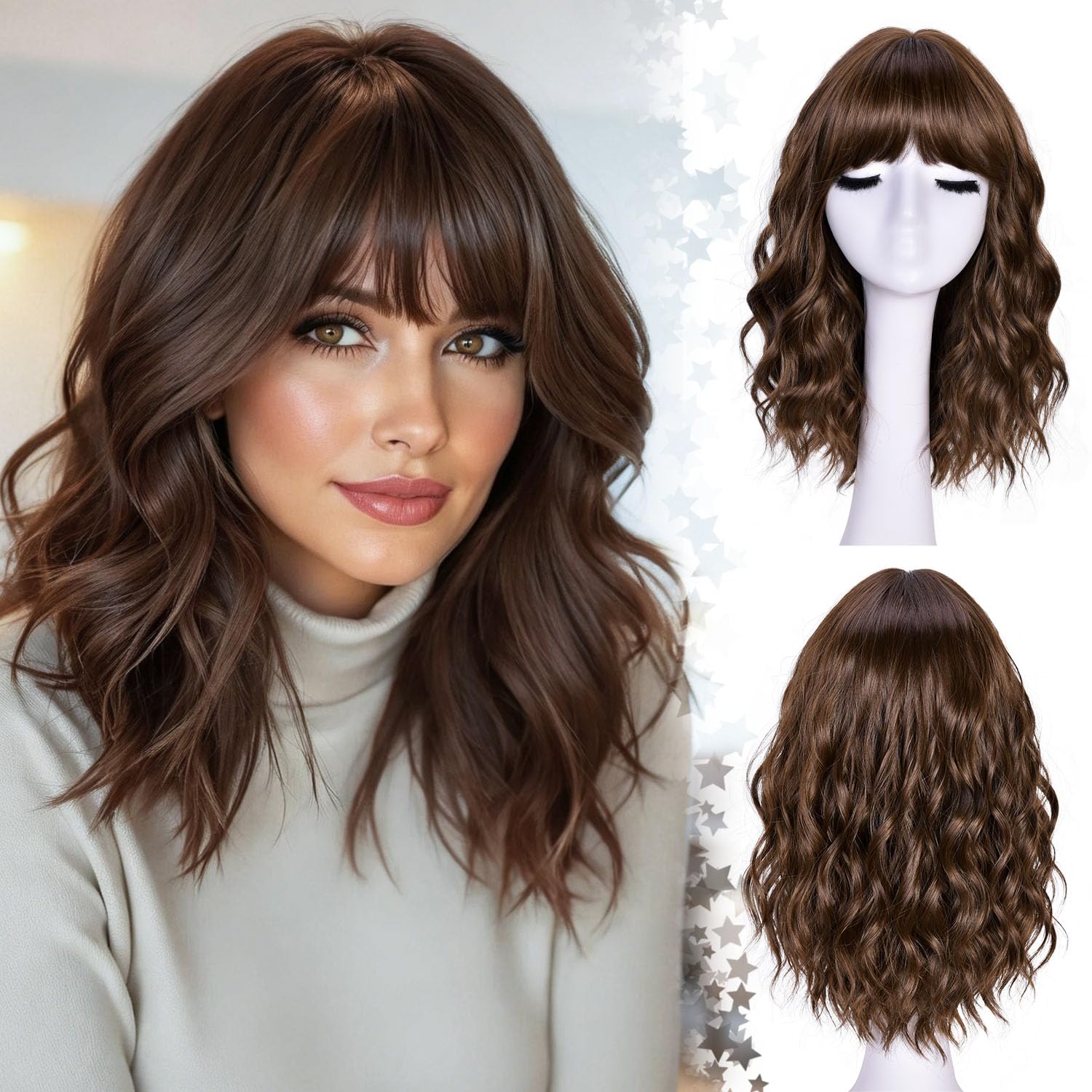 

Short Wavy Wig with Bangs for Women Curly Wigs Natural Wavy Synthetic Wigs for Daily Party Cosplay 14inch(Brown Highlight) 40cm