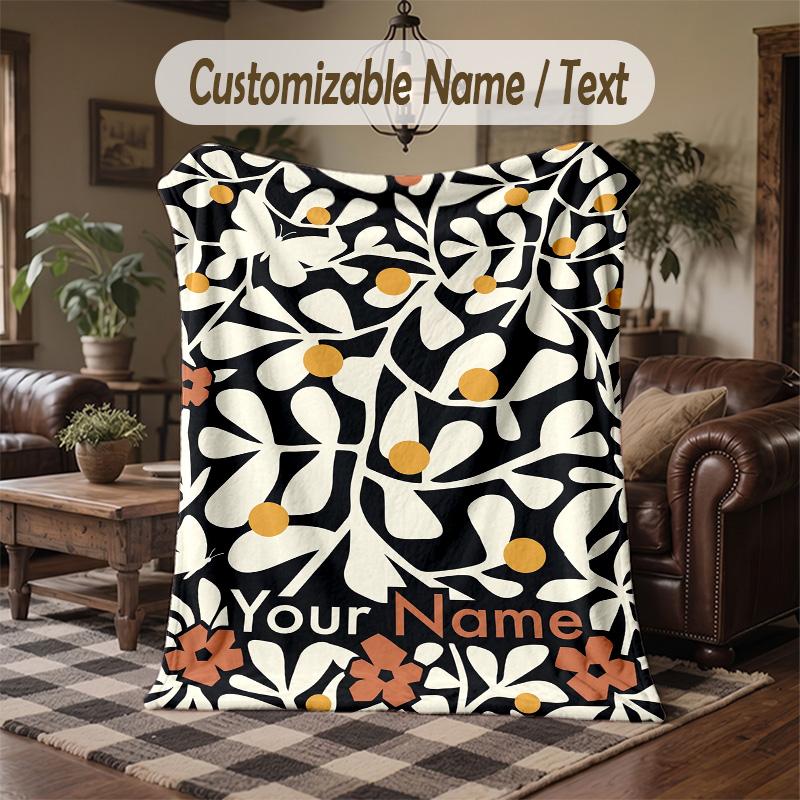 Floral Artwork Daisies Theme Throw Blanket Custom Name Text Personalized Blanket Soft Cozy Blanket for Home Sofa Bed