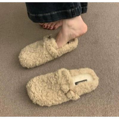Mocassins de luxe en laine d'agneau pour femme Hiver Chaussures en coton pour femme Chaud Mocassins en peluche confortables Fourrure de mouton bouclée Plates Pantoufles Mules Chaussures