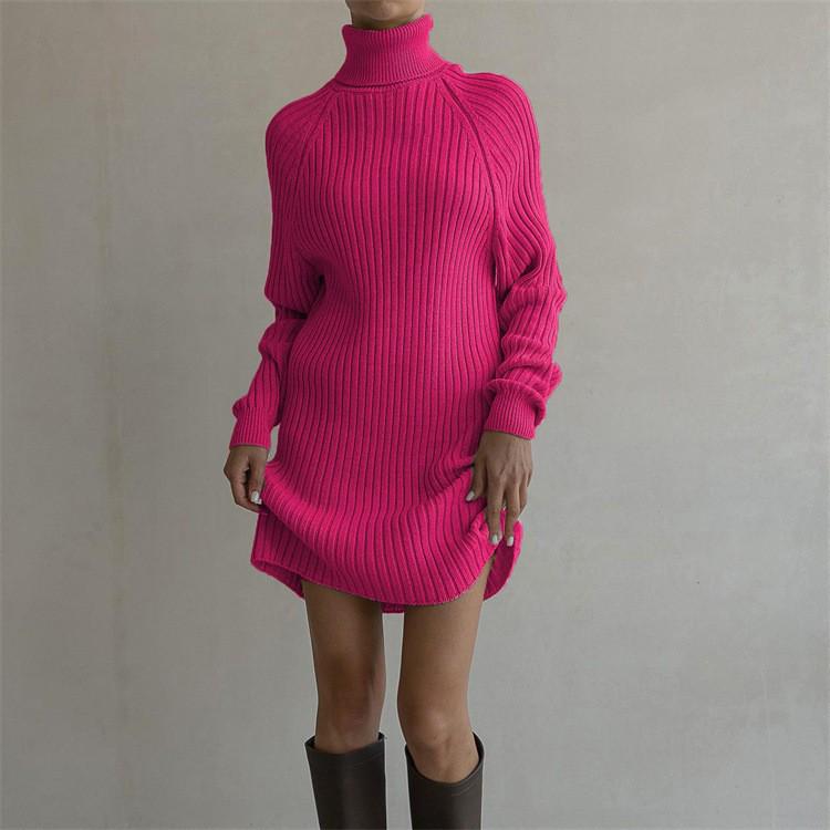 Women's Casual Thick Ribbed Long Sleeve Turtleneck Sweater Dress, Solid Color, Bodycon Fit, Autumn Winter 2024.