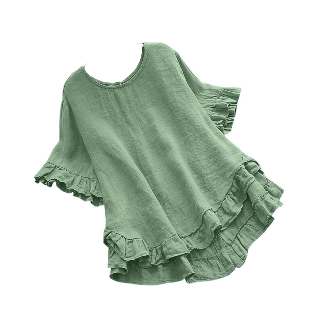 Women's Casual Loose Color Ruffled Hem Round Neck Short Sleeve Button Top