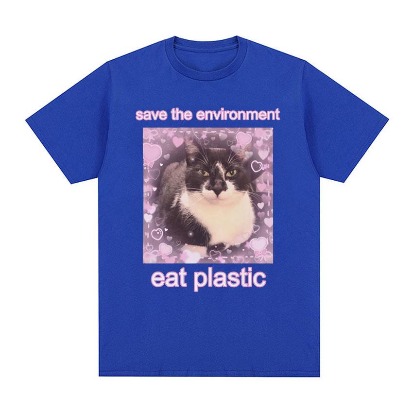 2025 Summer Save The EnvironUnisext Eat Plastic Cute Cat Graphic T Shirt Funny Unisex Women ONeck 100 Pure Cotton Printed Tshirt