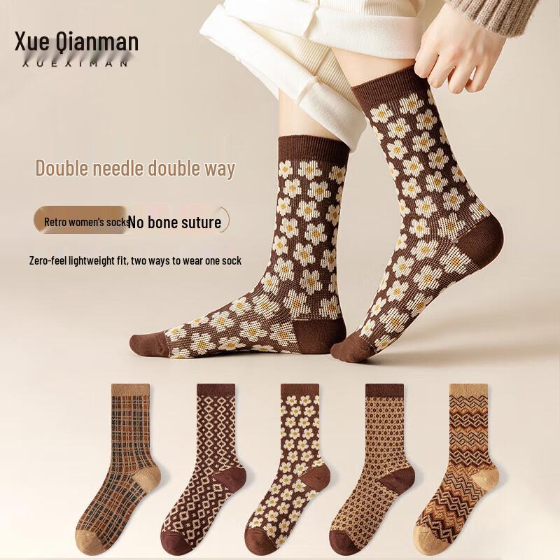 Women s Retro Maillard Mid-Calf Cotton Socks One Size