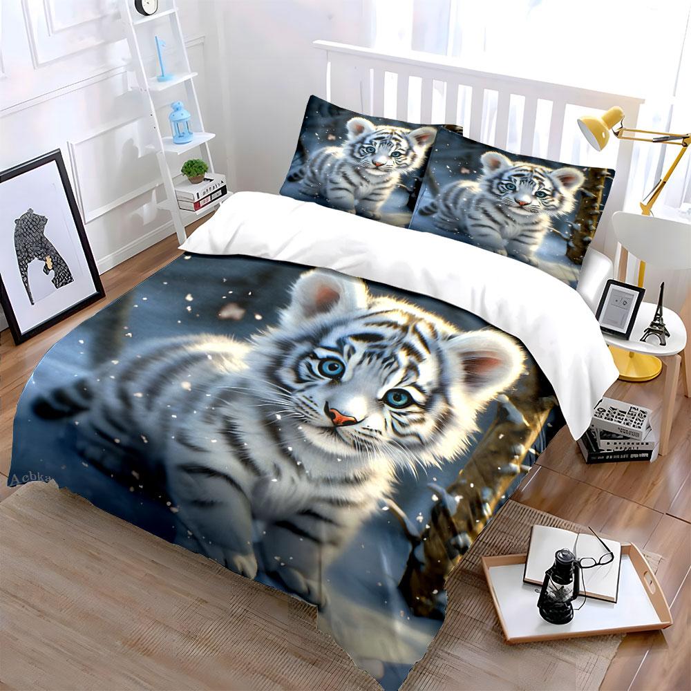 White Tiger Art Decor Set Soft Comfortable Duvet Cover Bedding Set Included 1*Duvet Cover & 2*Pillowcases, Gift