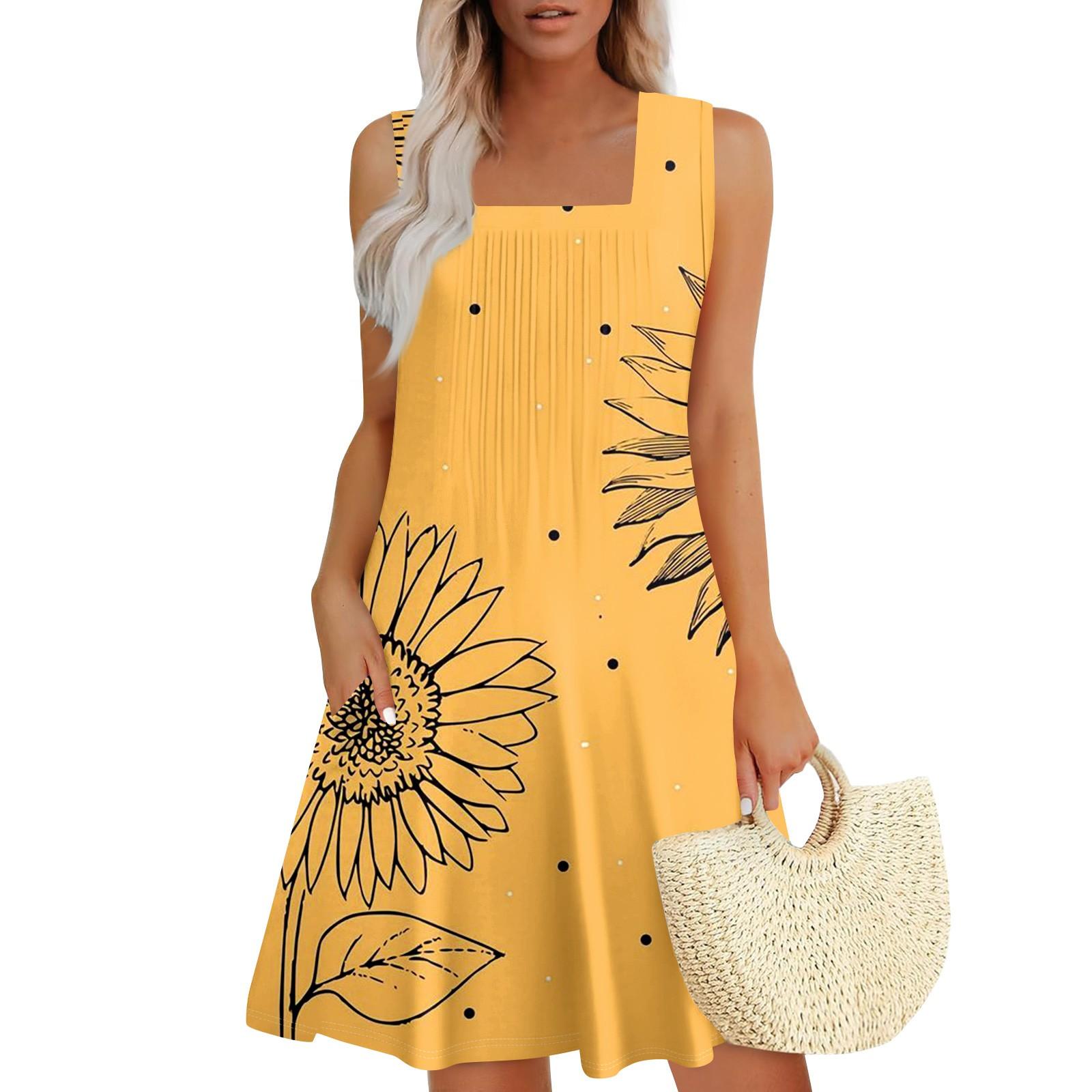 

Женские летние платья Свободные сарафаны без рукавов Платье с карманами XL жёлтый